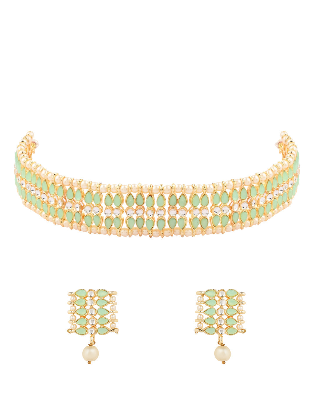 Gold-Polished Traditional Kundan Pearl Choker Necklace Jewellery Set For Women And Girls - Wahe Jewels - Swadesiicart
