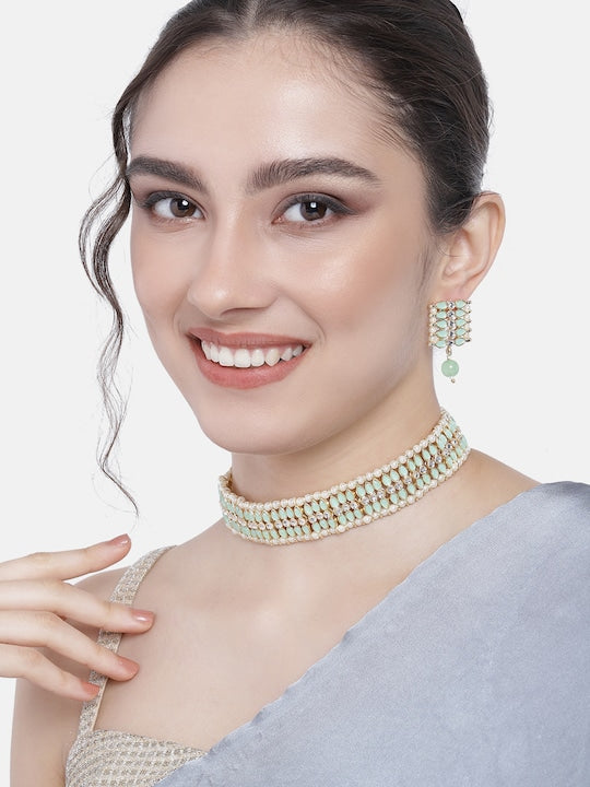 Gold-Polished Traditional Kundan Pearl Choker Necklace Jewellery Set For Women And Girls - Wahe Jewels - Swadesiicart