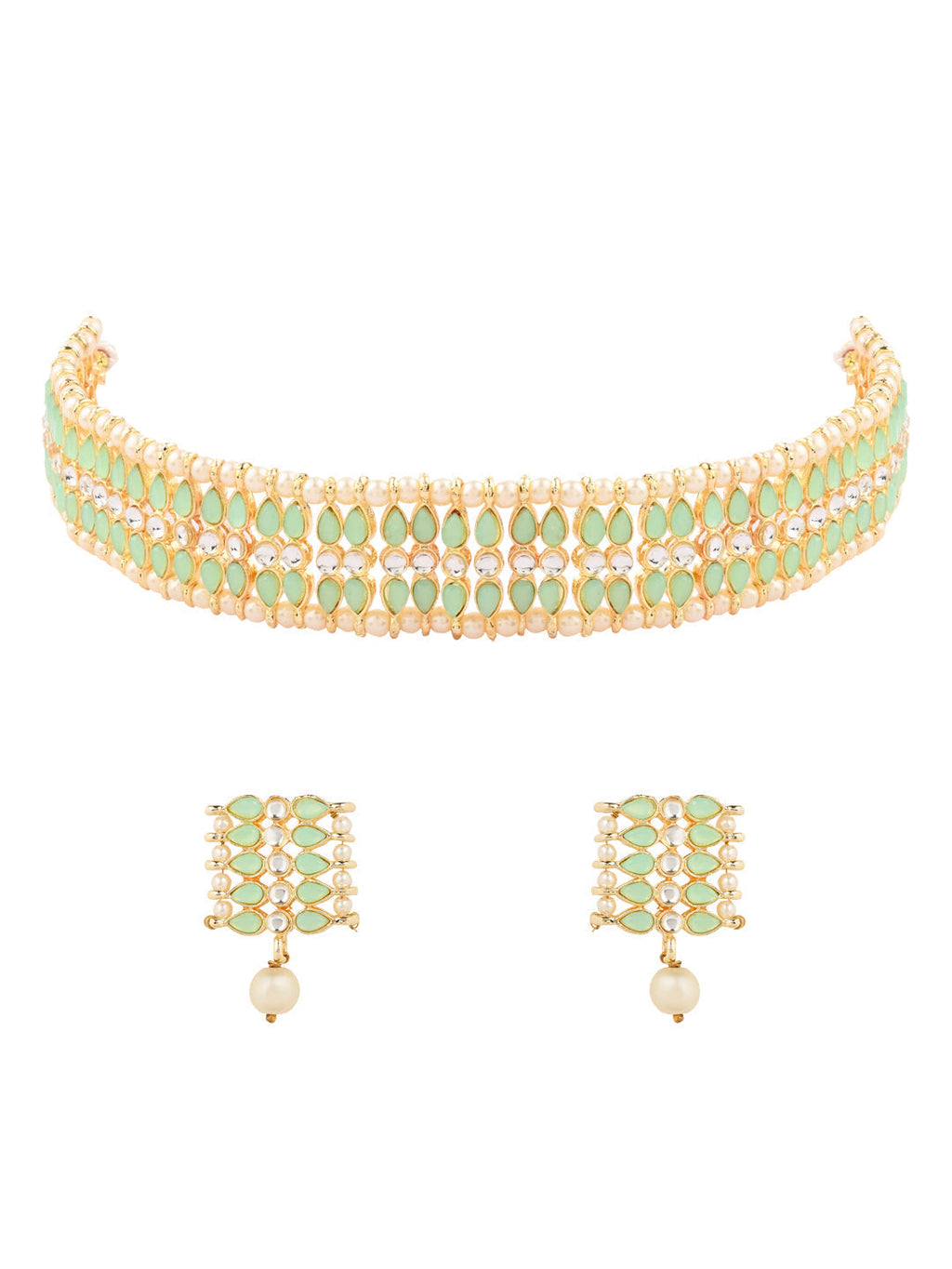 Gold-Polished Traditional Kundan Pearl Choker Necklace Jewellery Set For Women And Girls - Wahe Jewels - Swadesiicart