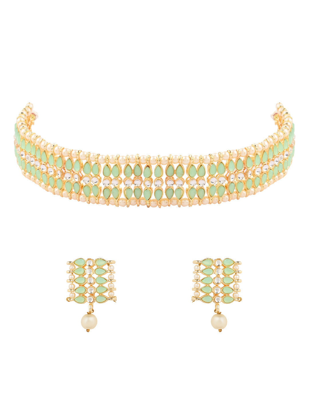 Gold-Polished Traditional Kundan Pearl Choker Necklace Jewellery Set For Women And Girls - Wahe Jewels - Swadesiicart