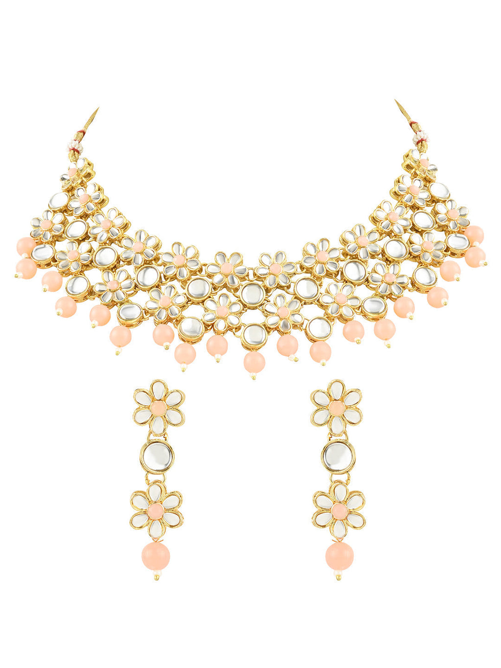 Gold-Polished Traditional Kundan Studded Bridal Choker Necklace & Drop Earrings Jewellery Set For Women/Girls - Wahe Jewels - Swadesiicart