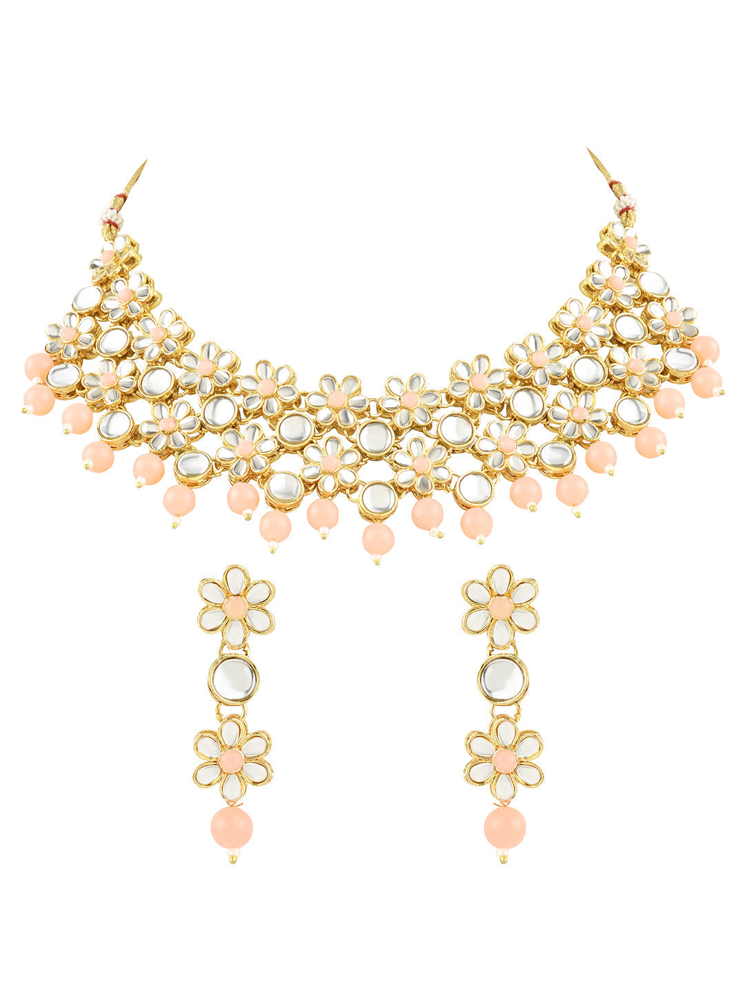 Gold-Polished Traditional Kundan Studded Bridal Choker Necklace & Drop Earrings Jewellery Set For Women/Girls - Wahe Jewels - Swadesiicart
