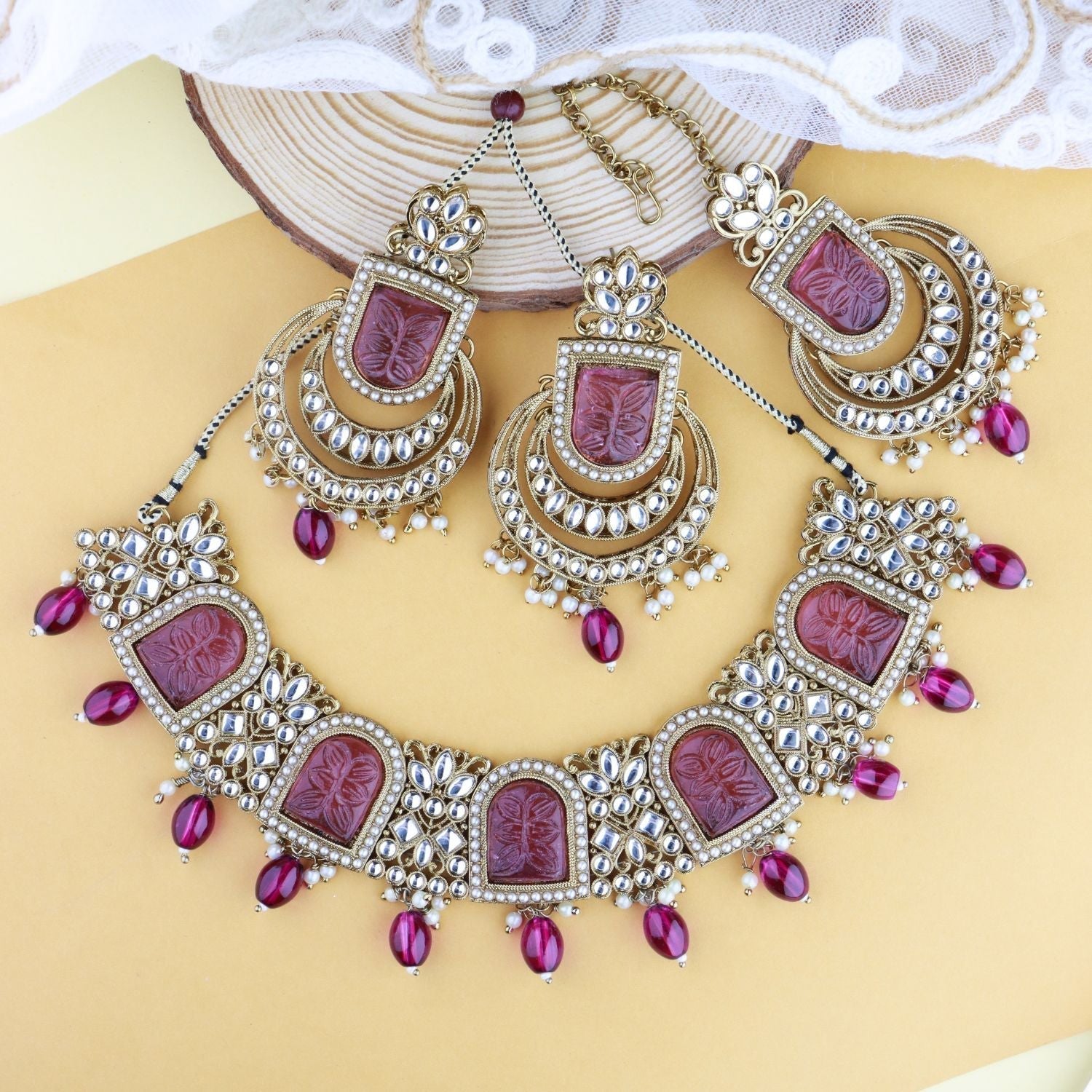 Gold-Polished Traditional Kundan Pearl Choker Necklace Jewellery Set For Women/Girls - Wahe Jewels - Swadesiicart