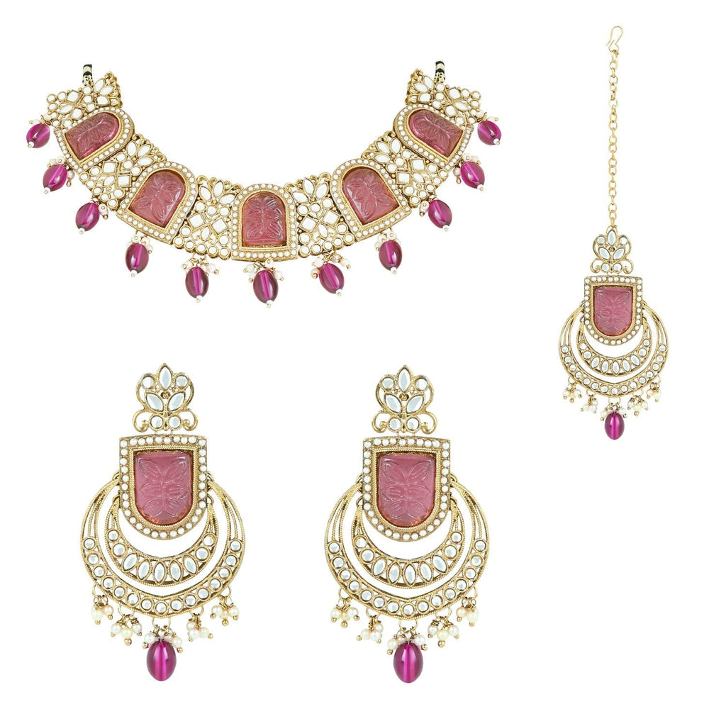 Gold-Polished Traditional Kundan Pearl Choker Necklace Jewellery Set For Women/Girls - Wahe Jewels - Swadesiicart