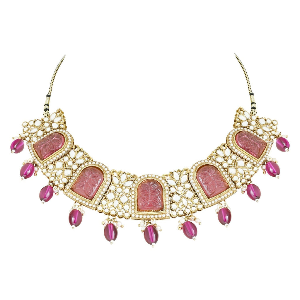 Gold-Polished Traditional Kundan Pearl Choker Necklace Jewellery Set For Women/Girls - Wahe Jewels - Swadesiicart