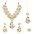 Gold-Polished Traditional Pearl Kundan Meenakari Floral Necklace With Earring Maang Tikka & Finger Ring Set For Women And Girls - Wahe Jewels - Swadesiicart