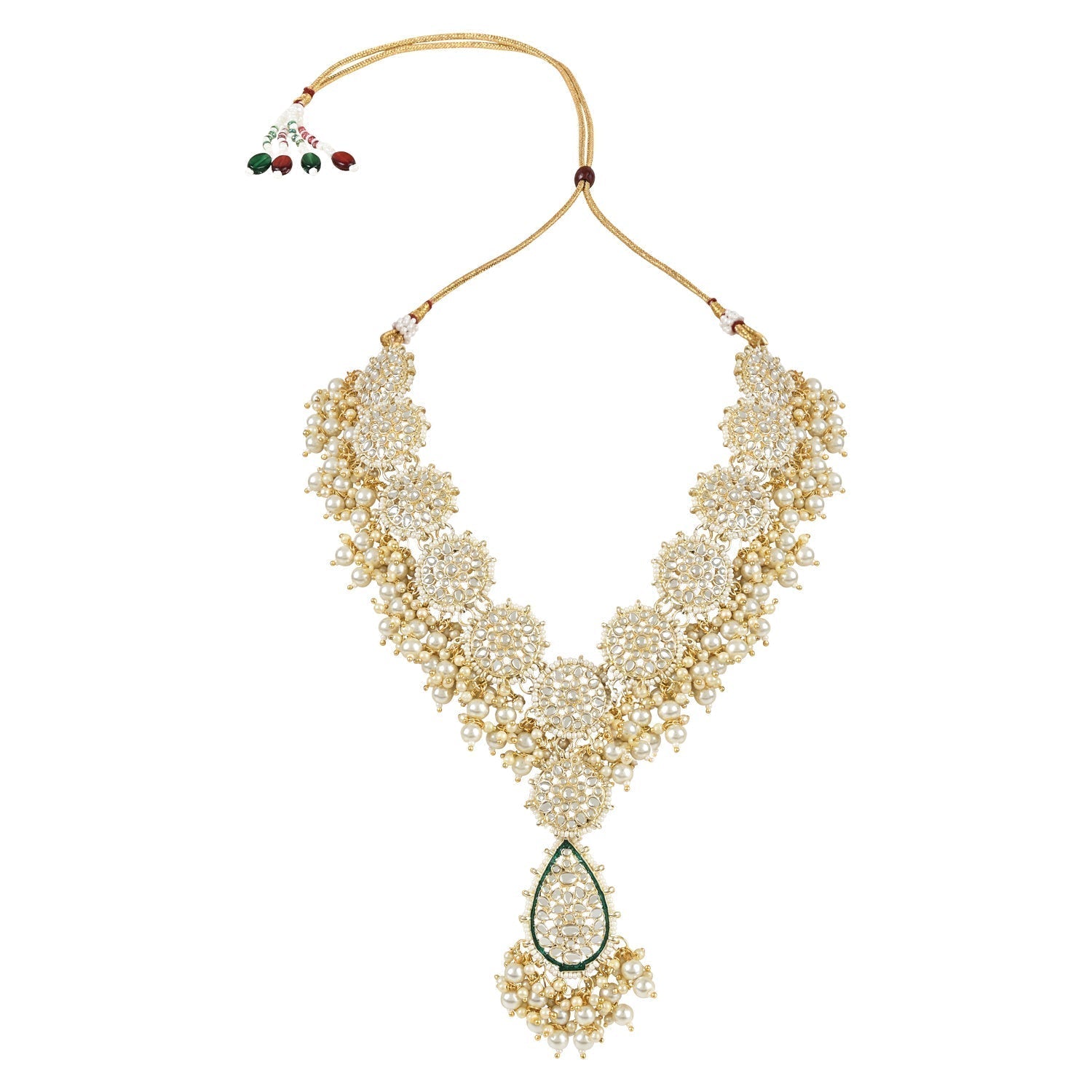 Gold-Polished Traditional Pearl Kundan Meenakari Floral Necklace With Earring Maang Tikka & Finger Ring Set For Women And Girls - Wahe Jewels - Swadesiicart