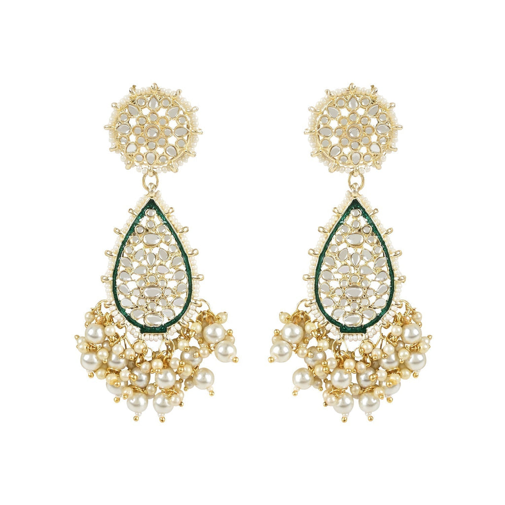 Gold-Polished Traditional Pearl Kundan Meenakari Floral Necklace With Earring Maang Tikka & Finger Ring Set For Women And Girls - Wahe Jewels - Swadesiicart