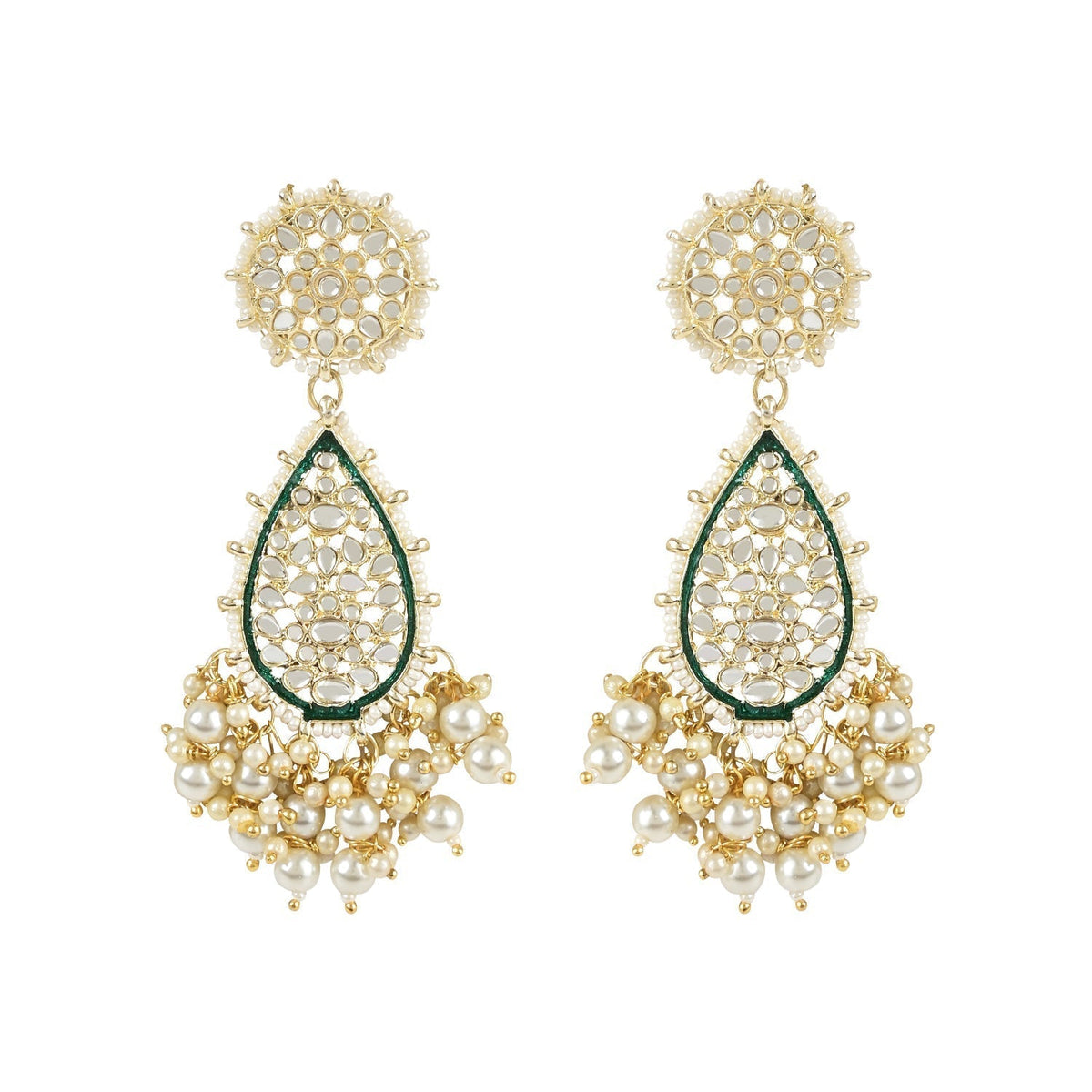 Gold-Polished Traditional Pearl Kundan Meenakari Floral Necklace With Earring Maang Tikka & Finger Ring Set For Women And Girls - Wahe Jewels - Swadesiicart