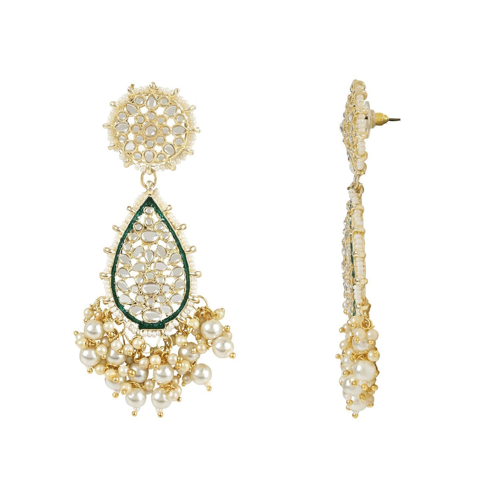 Gold-Polished Traditional Pearl Kundan Meenakari Floral Necklace With Earring Maang Tikka & Finger Ring Set For Women And Girls - Wahe Jewels - Swadesiicart