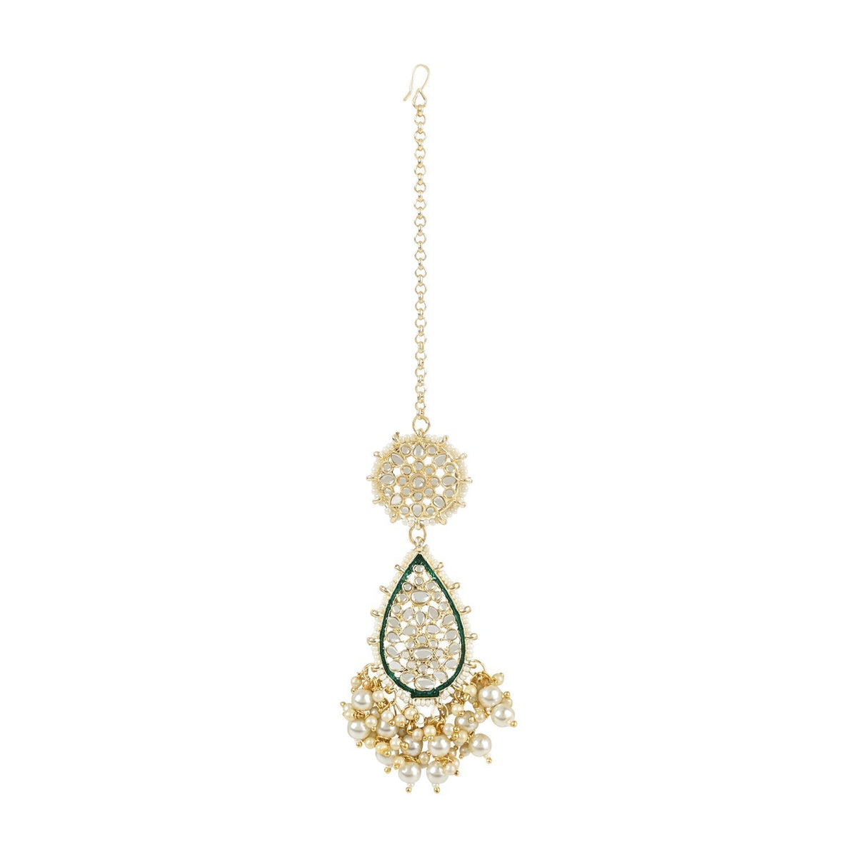 Gold-Polished Traditional Pearl Kundan Meenakari Floral Necklace With Earring Maang Tikka & Finger Ring Set For Women And Girls - Wahe Jewels - Swadesiicart