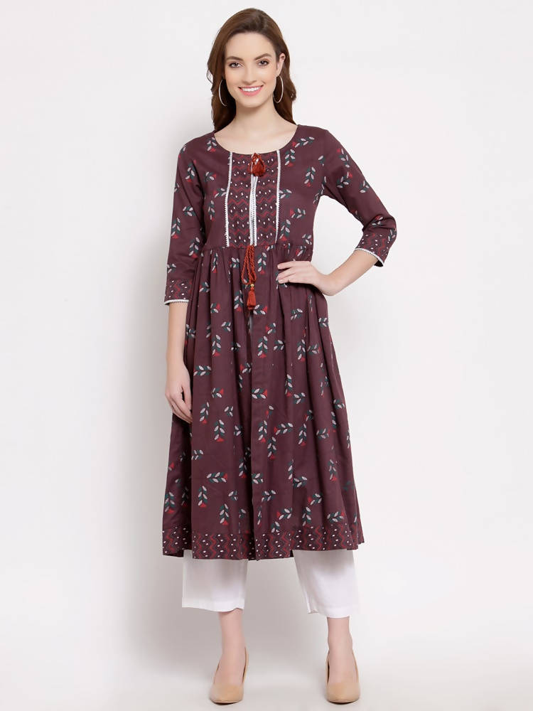 Myshka Women's Wine Cotton 3/4 Sleeve Round Neck Printed Casual Shrug | Grocsy