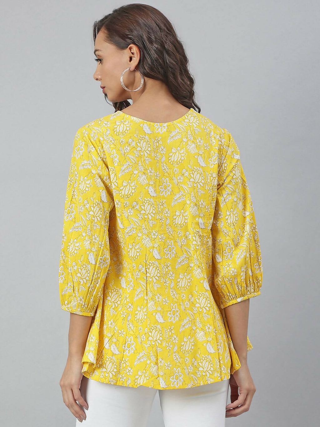 Janasya Women's Yellow Cotton Floral Print Flared Top | Grocsy
