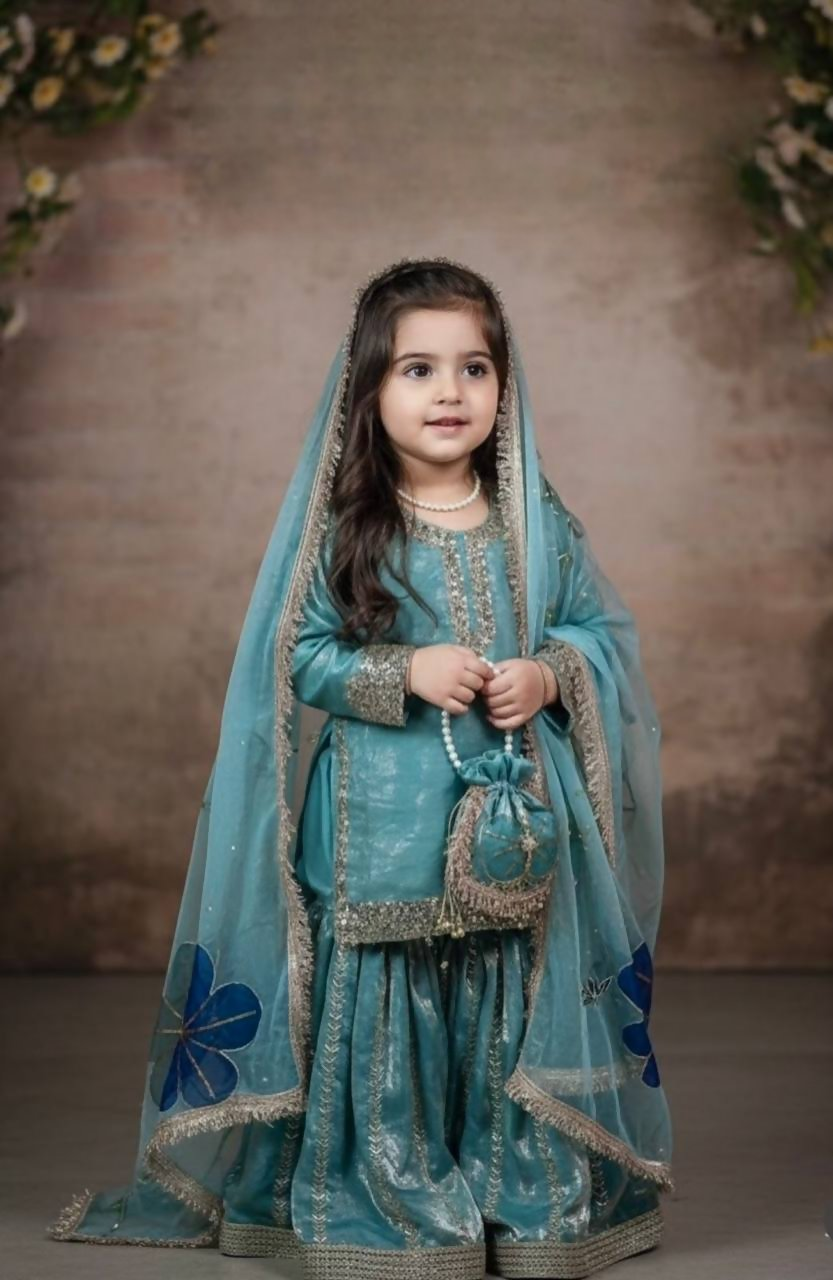 Teeya Creation New Kids Latest Trendy Kurta Sharara Set-Turquoise | Grocsy