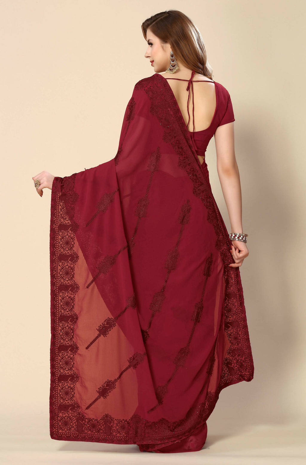 Maroon Georgette Embroidered and Stone Work Saree with Unstitched Blouse Piece - Roozal | Grocsy