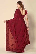 Maroon Georgette Embroidered and Stone Work Saree with Unstitched Blouse Piece - Roozal | Grocsy