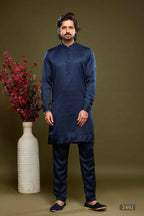 Raivat Ethnic Art Banarasi Silk Thread Work Kurta Pajama In Blue Colour | Grocsy