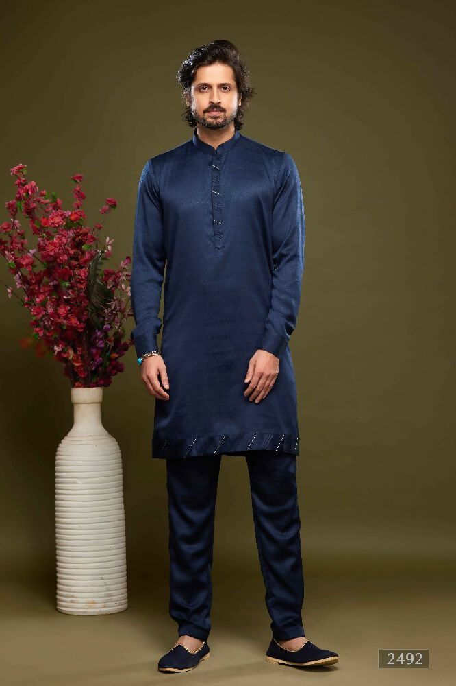 Raivat Ethnic Art Banarasi Silk Thread Work Kurta Pajama In Blue Colour | Grocsy