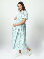 Manet Frill With Sleeve Maternity Dress Floral Print With Concealed Zipper Nursing Access - Green | Grocsy