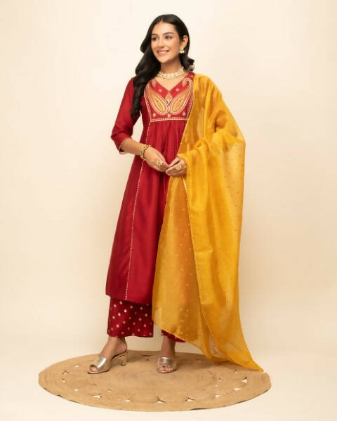 FIORRA Women's Red Silk Blend A-Line Kurta Palazzo Set With Dupatta | Grocsy
