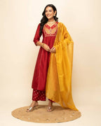 FIORRA Women's Red Silk Blend A-Line Kurta Palazzo Set With Dupatta | Grocsy