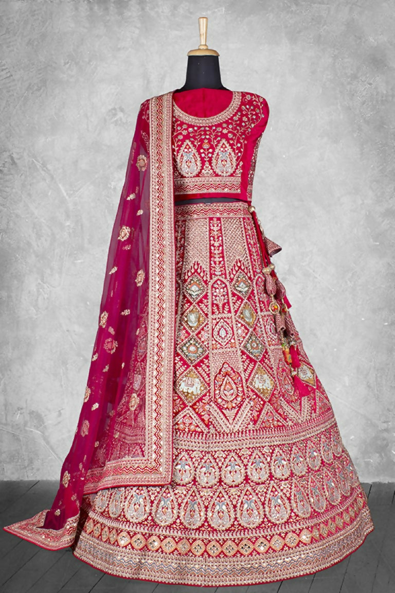 Pink Velvet Pure Mirror Work Semi Stitched Lehenga Choli with Dupatta - Nimaya Lagnotsav | Grocsy
