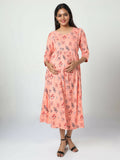 Manet Three Fourth Maternity Dress Floral Print With Concealed Zipper Nursing Access - Orange | Grocsy