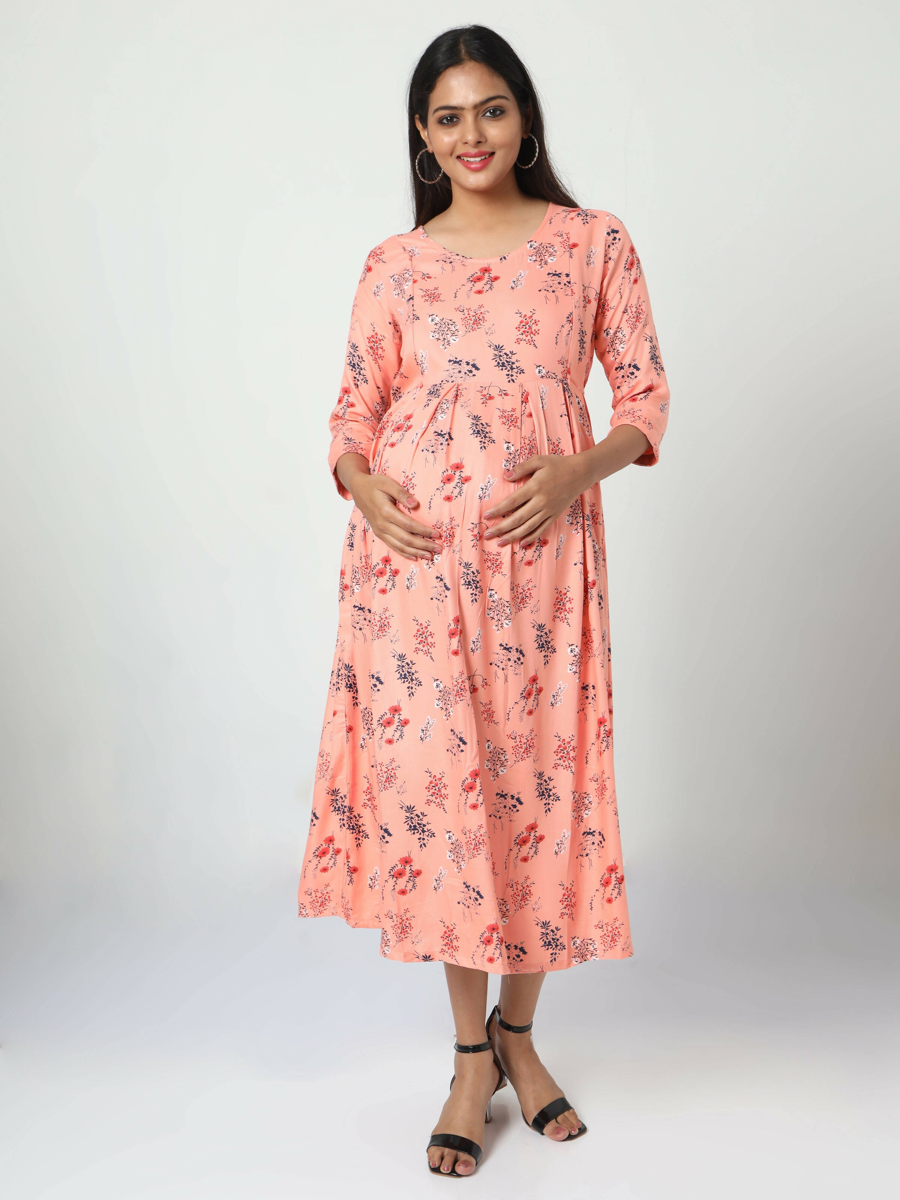 Manet Three Fourth Maternity Dress Floral Print With Concealed Zipper Nursing Access - Orange | Grocsy