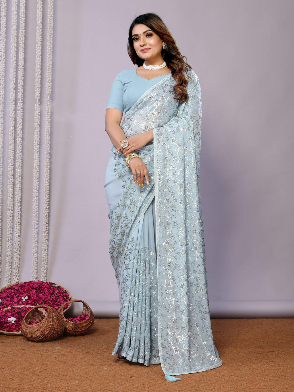 Sky Blue Pure Georgette Embroidered Saree With Stitched Blouse - Nimaya Kaksha | Grocsy