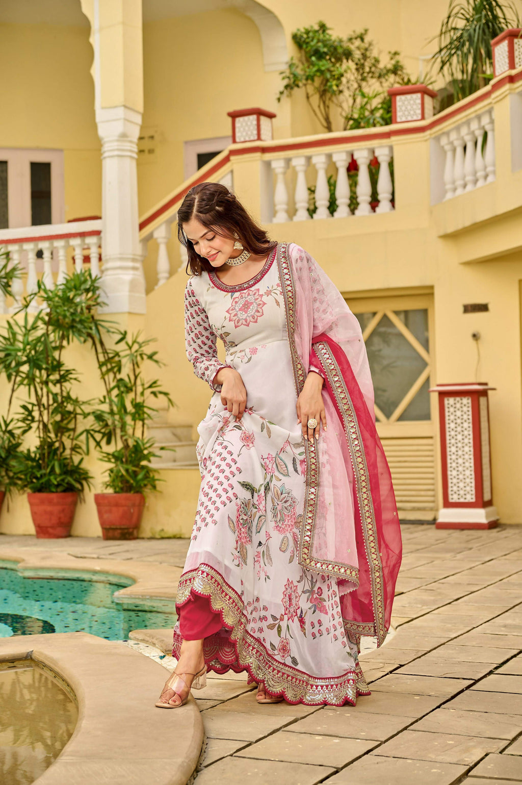 Joban Fashion Pink/white Kurta Set Georgette Embroidery Sequence Work | Grocsy