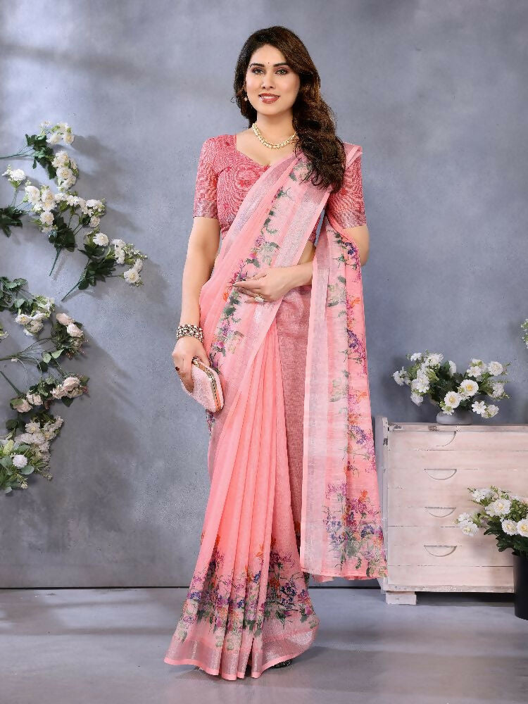 PR Fashion Peach Handloom Linen Cotton Saree | Grocsy