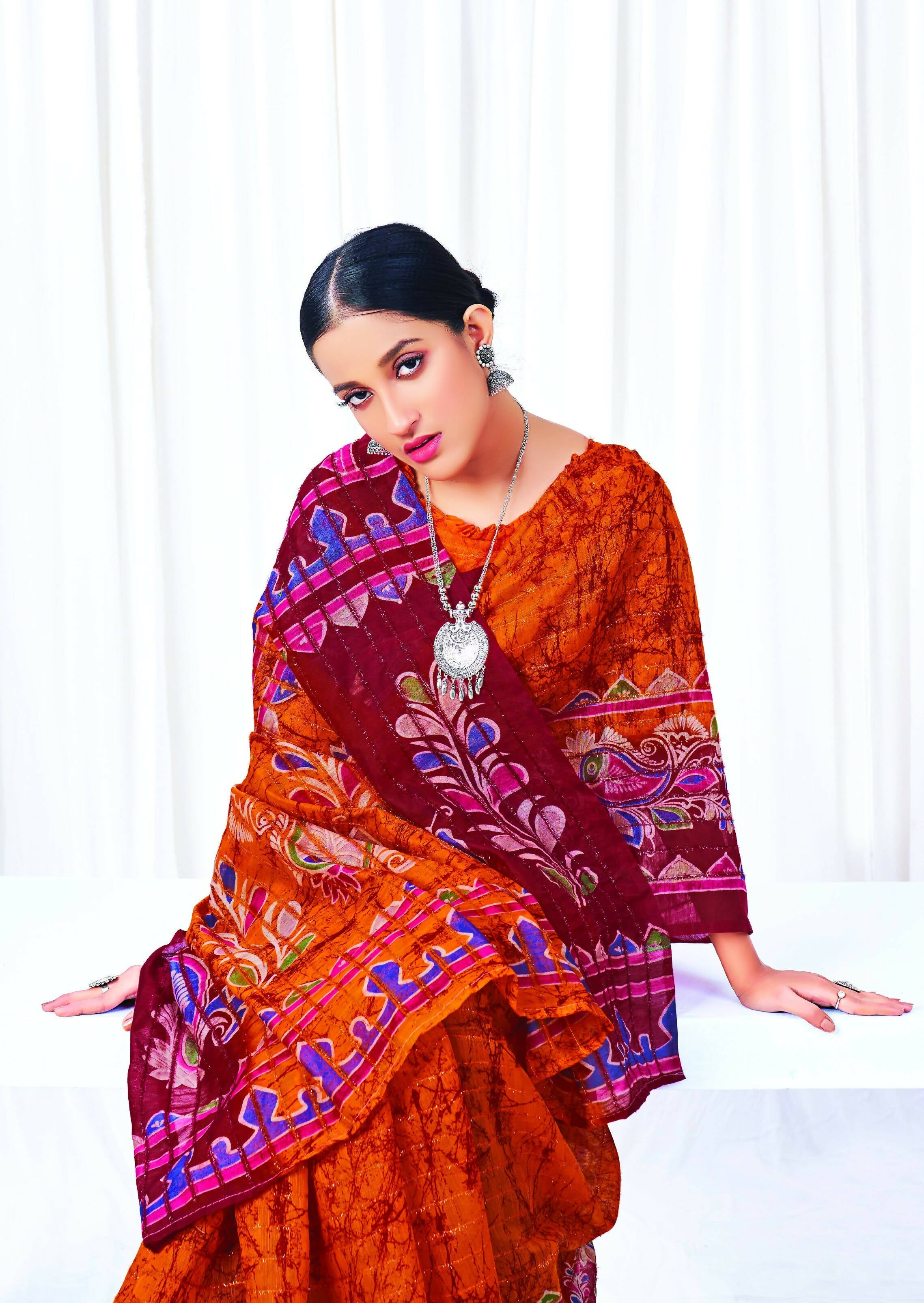 Orange Chanderi Cotton Floral Printed Saree With Unstitched Blouse Piece - Kathika | Grocsy