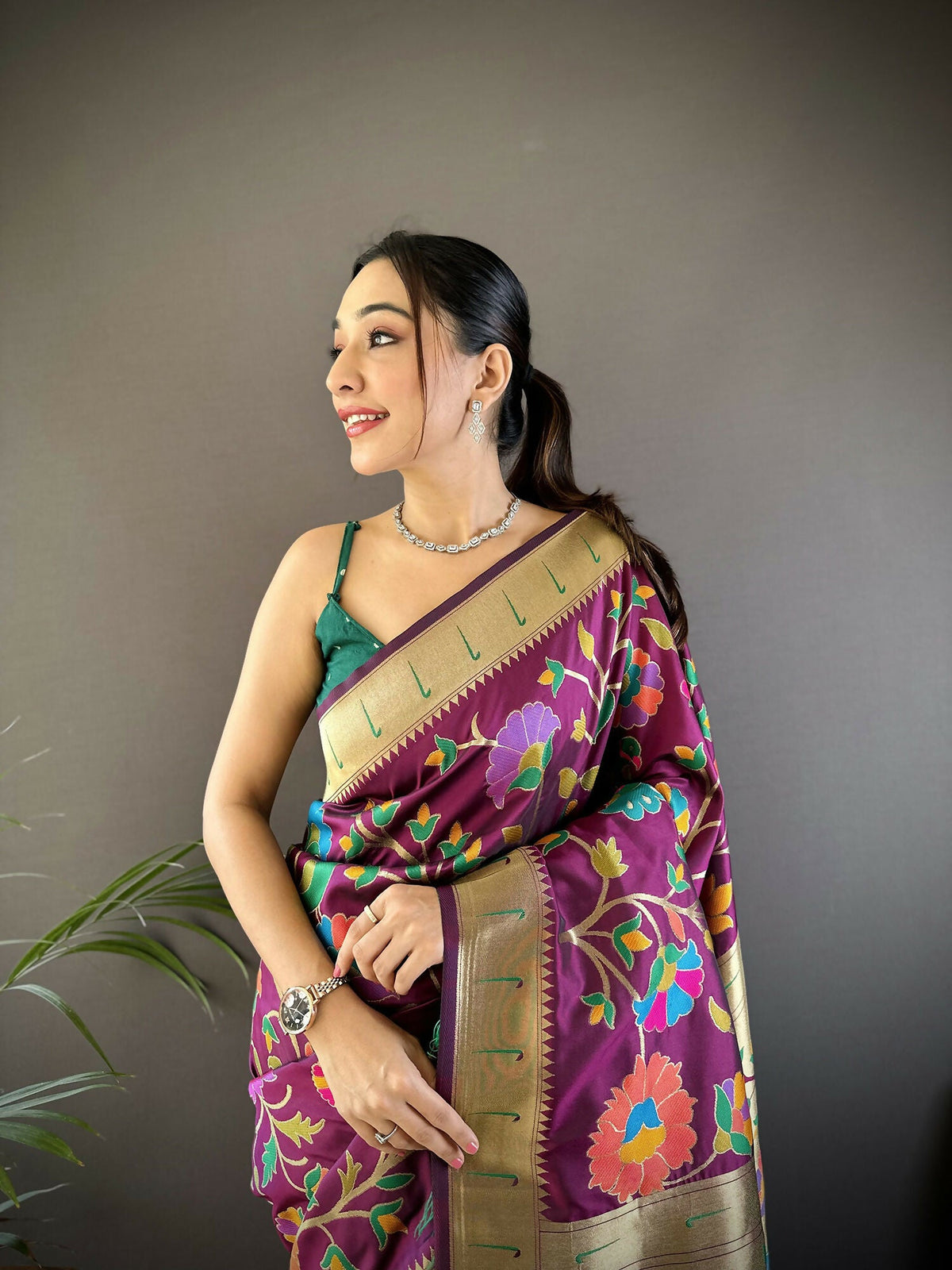 Joban Fashion Wine Zari Woven Floral Motifs Soft Silk Paithani Silk Saree | Grocsy