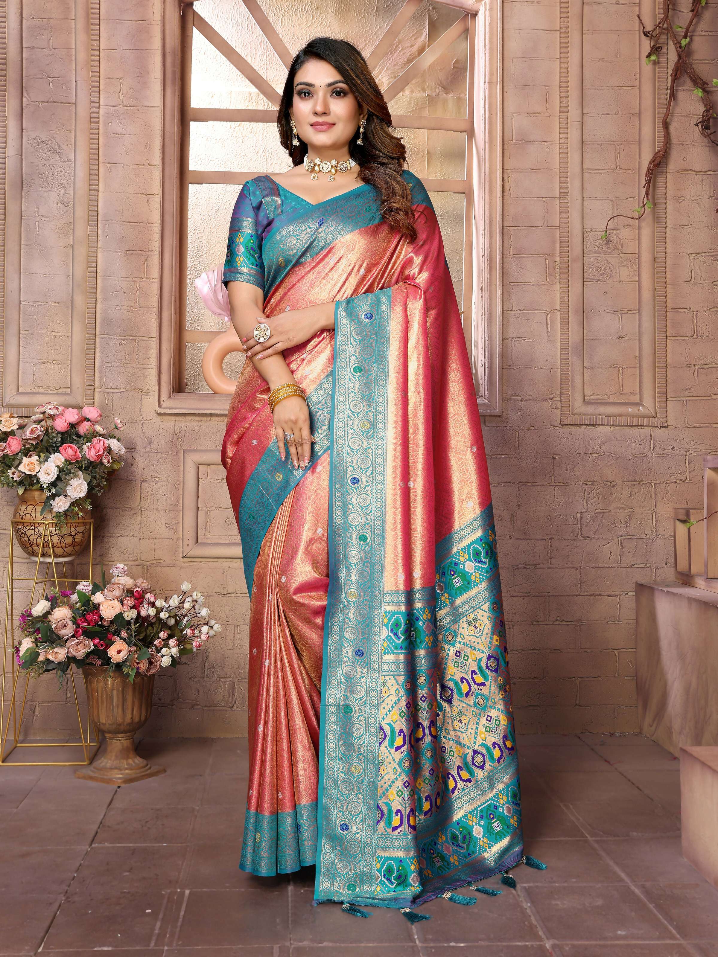 Aastha Fashion Red Banarasi Tissue Silk Weaving Saree | Grocsy