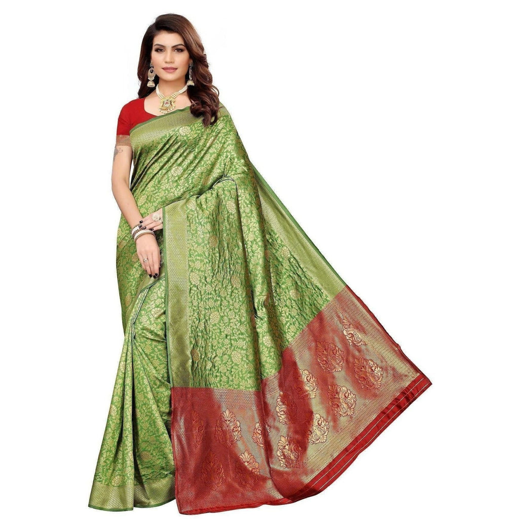 Vamika Banarasi Jaquard Mehandi Green Weaving Saree (BANARASI 08) | Grocsy