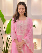 The52 Pink Women's Beautiful Chikankari Work Chanderi Fabric Straight Kurta Pant and Dupatta Set | Grocsy