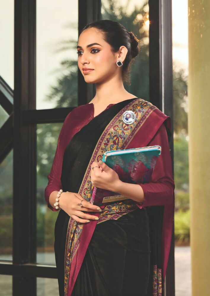 Joban Fashion Black Crepe Silk with Traditional Print Saree | Grocsy