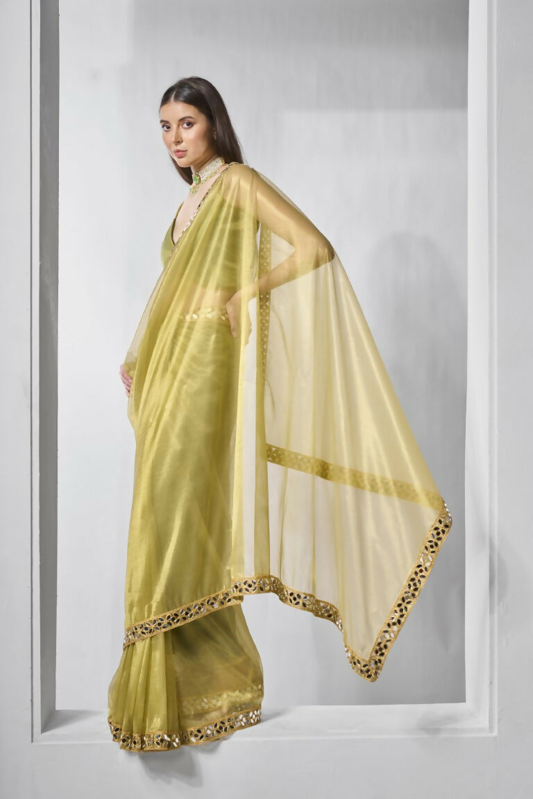Green Gold Tissue Net Solid & Gold Cotted Saree - Samaa | Grocsy