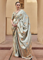 Dusty Grey Pure Satin Zari Weaving Wedding Festive Saree - Emponline | Grocsy