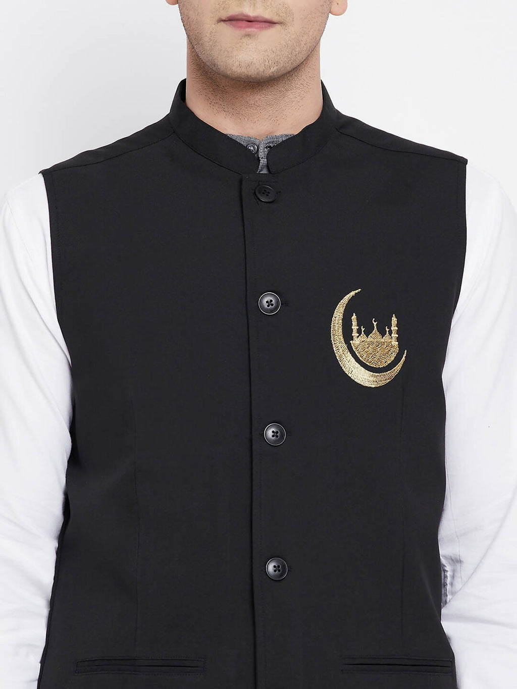 Even Apparels Black Pure Cotton Nehru Jacket With Eid Insignia NJ-PW668-CHA | Grocsy