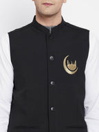Even Apparels Black Pure Cotton Nehru Jacket With Eid Insignia NJ-PW668-CHA | Grocsy