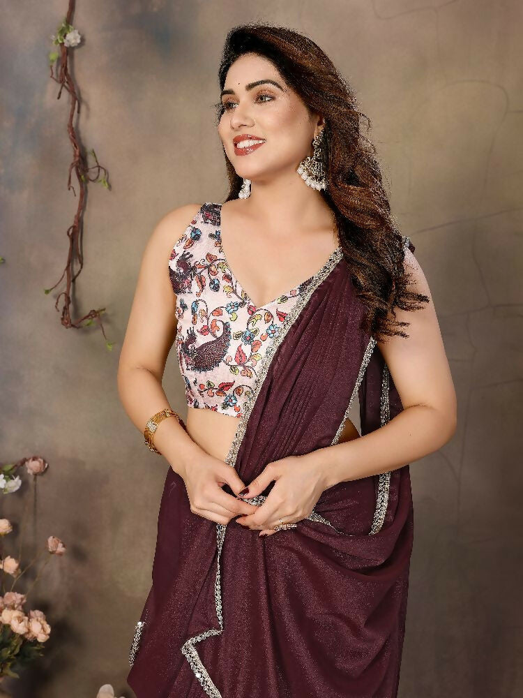 PR Fashion Brown Star Georgette Solid Georgette With Mirror Border Saree | Grocsy