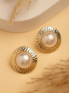 NVR Women's Gold-Polished White Pearl Circular Shape Studs Earring