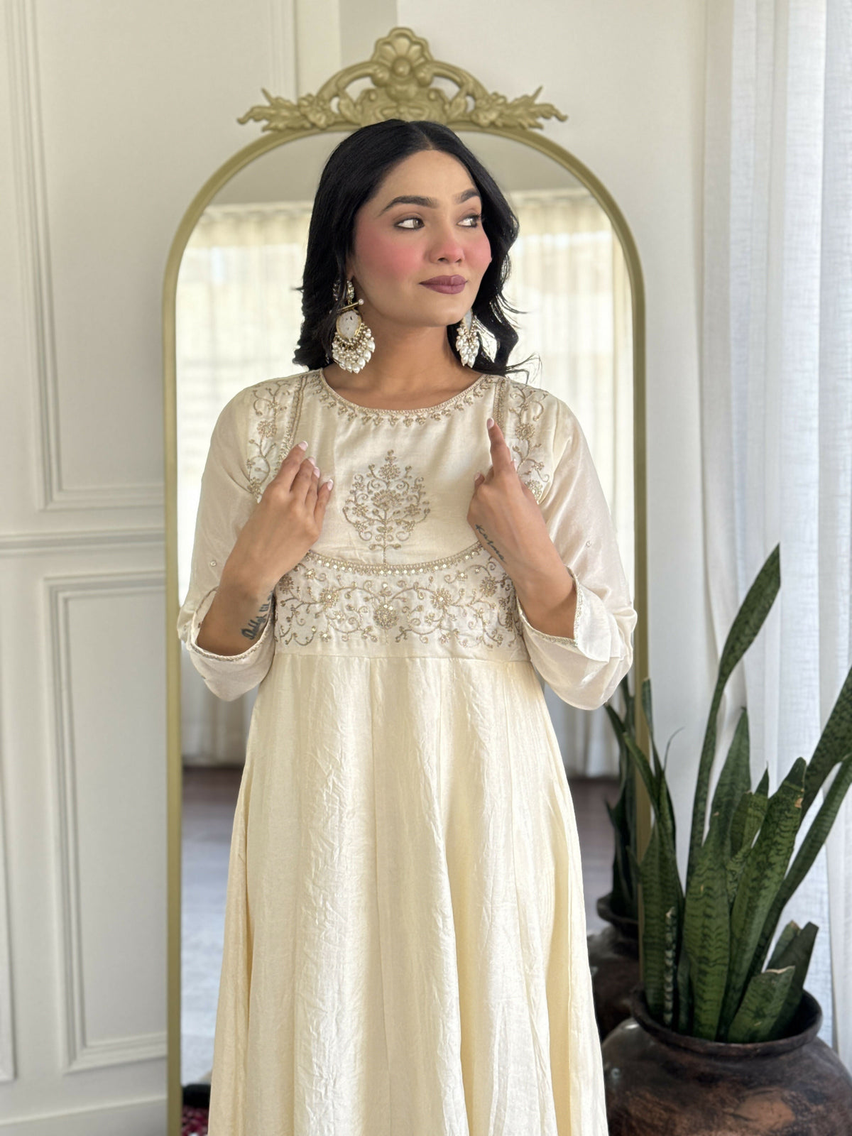 The52 CreamWomen's Gorgeous Embroidered Vichitra Silk Fabric Flared Kurta Pant with Dupatta Set | Grocsy