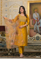 Partywear Designer Musted Yellow Poly Silk fabric Stitched Suit With Dupatta - Tanisha | Grocsy