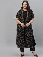 Sztori Plus Size Floral Foil Printed Mandarin Collar A-Line Kurta With Trouser | Grocsy