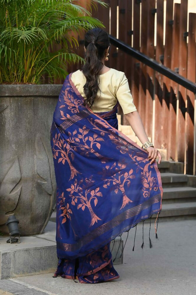 Beatitude Blue Cotton Floral Jamdani Saree | Grocsy