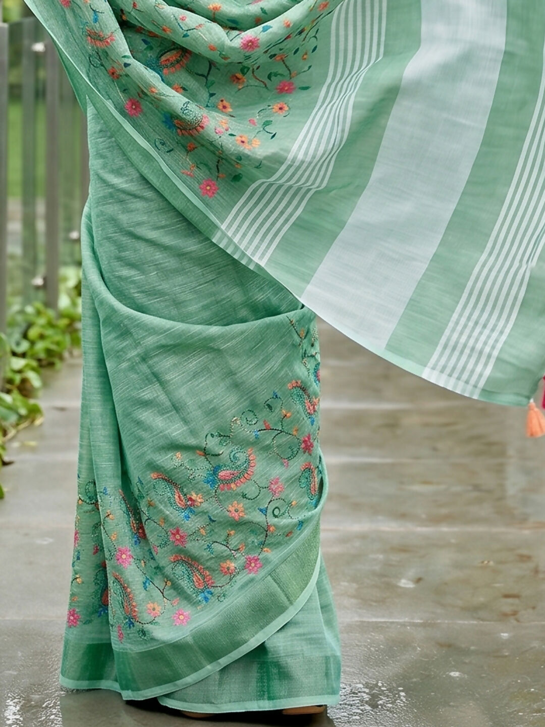 Shree Shyam Fashion Sea Green Linen Saree | Grocsy