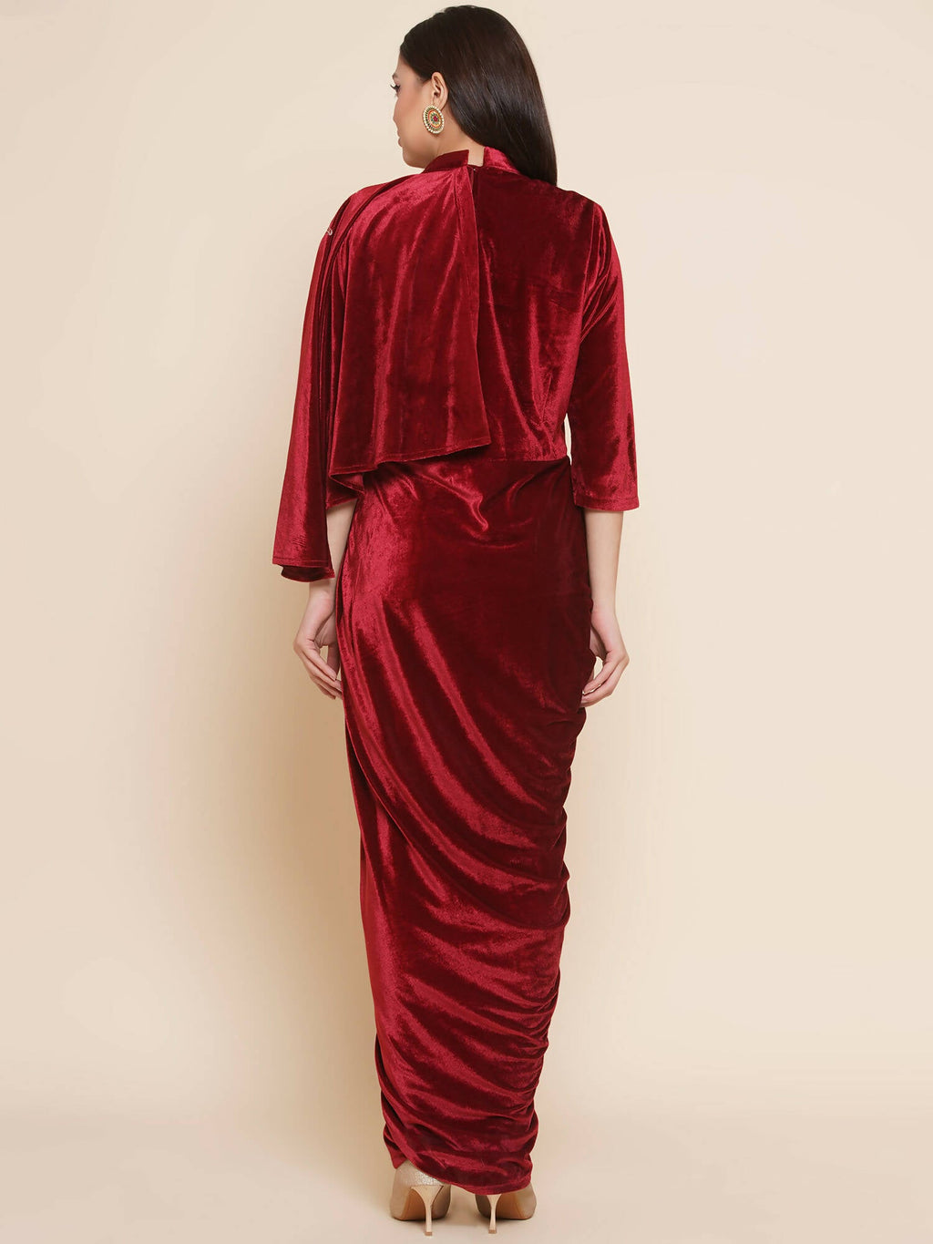 Women Republic Maroon Velvet Drape Styel Gown | Grocsy
