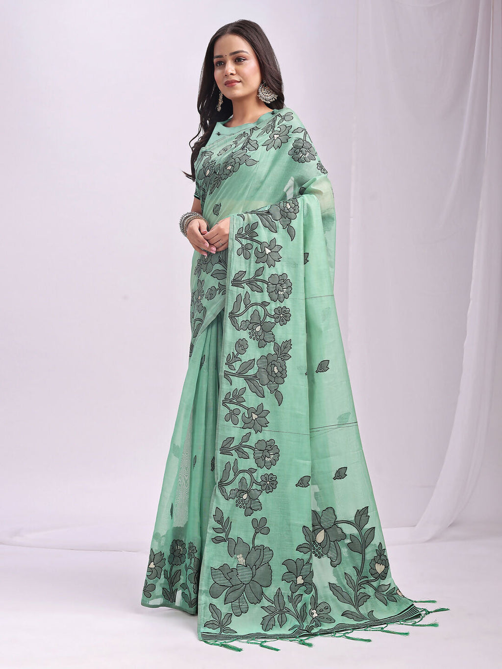 Shree Shyam Fashion Kashira Rama Green Linen Cotton Saree | Grocsy